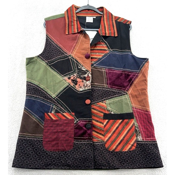 Parsley & Sage Vest Womens 1XPatchwork Cotton Boho Hippie Sleeveless Pockets - Picture 1 of 10